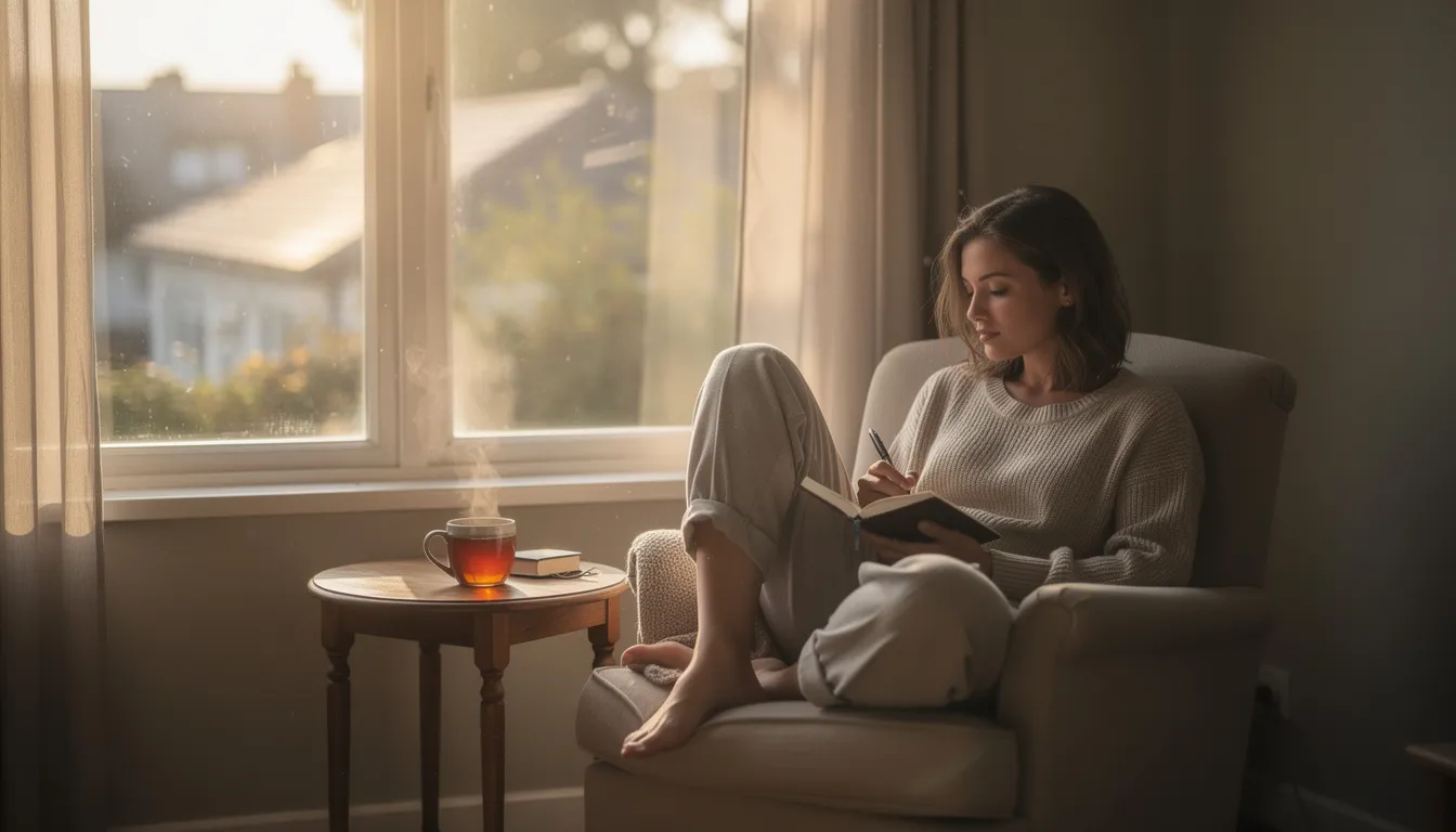 A woman sits by a sunlit window, journaling with a cup of tea beside her, embodying a moment of self-reflection and personal growth. The warm morning light highlights her journey towards self-acceptance and mental health, as she embraces the process of self-discovery and creativity.