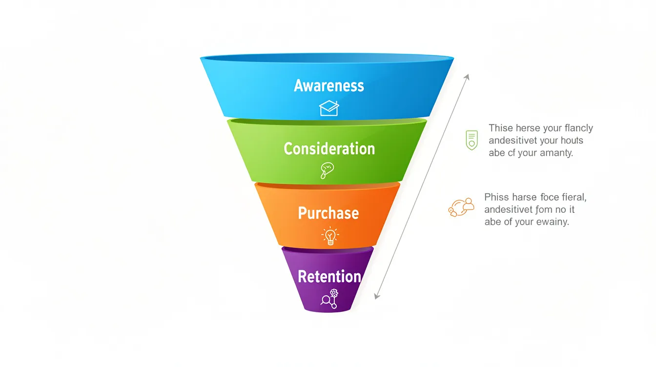 The image depicts a vibrant marketing funnel diagram with four descending stages labeled as awareness, consideration, purchase, and retention. This visual representation illustrates the journey of potential customers, emphasizing the importance of strategies like meta ads and dynamic remarketing campaigns to optimize each stage for most DTC brands.