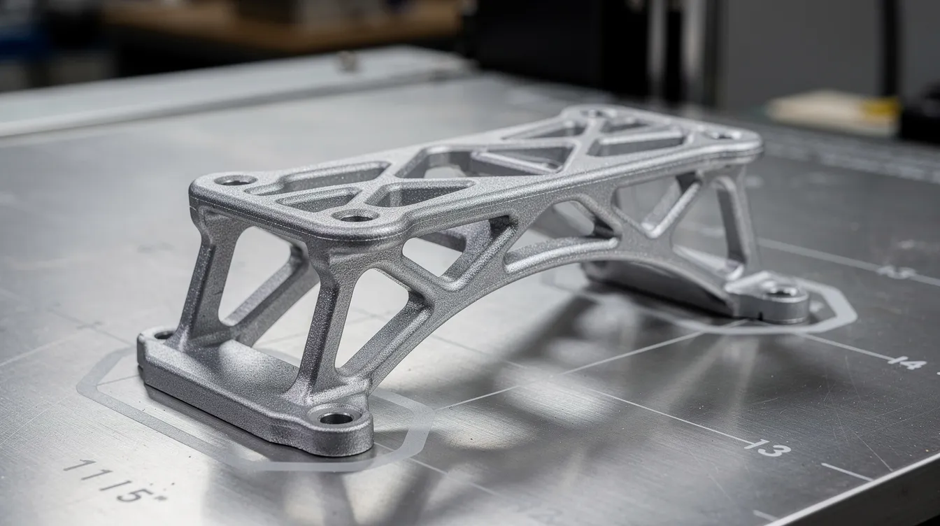 The image shows a metal 3D printed aerospace bracket featuring a visible lattice structure, resting on a build plate, exemplifying advanced manufacturing processes in the aerospace industry. This component highlights the capabilities of additive manufacturing technologies for producing intricate aerospace components with tight tolerances.