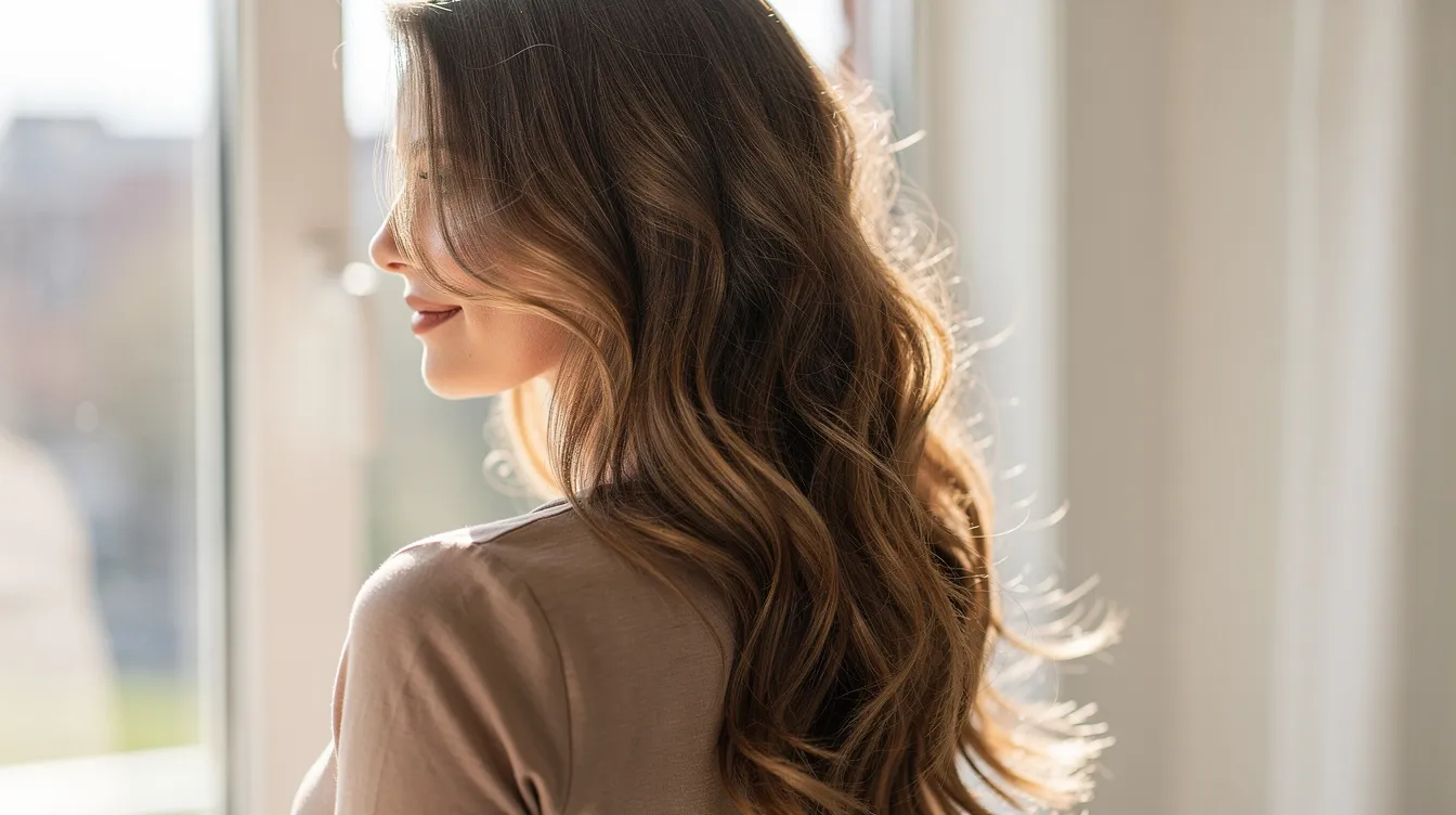 A woman with long, flowing hair stands in natural light, showcasing the healthy, air-dried texture of her wavy hair. The image highlights the natural shine and smoothness achieved through the air drying process, emphasizing the beauty of her hair's natural texture without the use of heat tools.