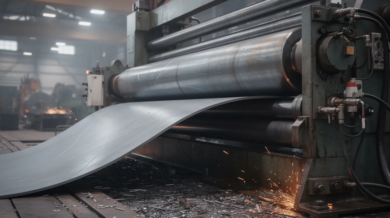 A close-up view of a large hydraulic plate rolling machine is shown as it bends a thick steel sheet in an industrial factory setting, highlighting the machine's powerful rollers and the metallic texture of the sheet. The scene captures the precision and strength of industrial equipment used in metal fabrication.