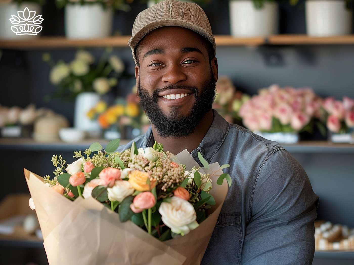 Cheerful man with a radiant smile presenting a bouquet of mixed flowers in a craft paper wrap at a florist's shop, Fabulous Flowers and Gifts.