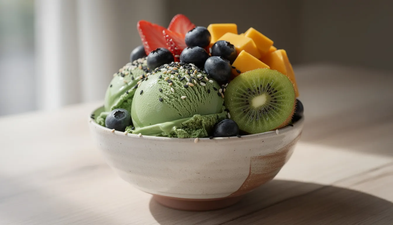 In einer japanischen Schüssel befindet sich cremiges Matcha-Eis, das mit frischen Früchten und gerösteten Sesamkörnern garniert ist. Die grüne Farbe des Matcha-Pulvers harmoniert perfekt mit den bunten Toppings und sorgt für ein geschmackliches Erlebnis.
