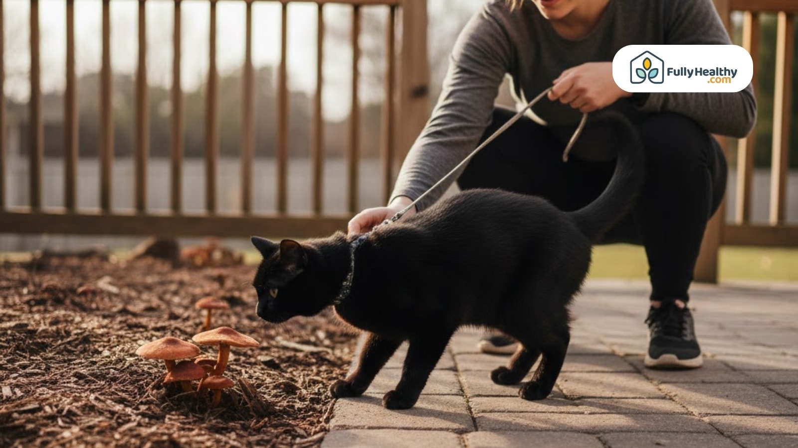 Black cat on leash sniffs wild mushrooms near patio while person watches
