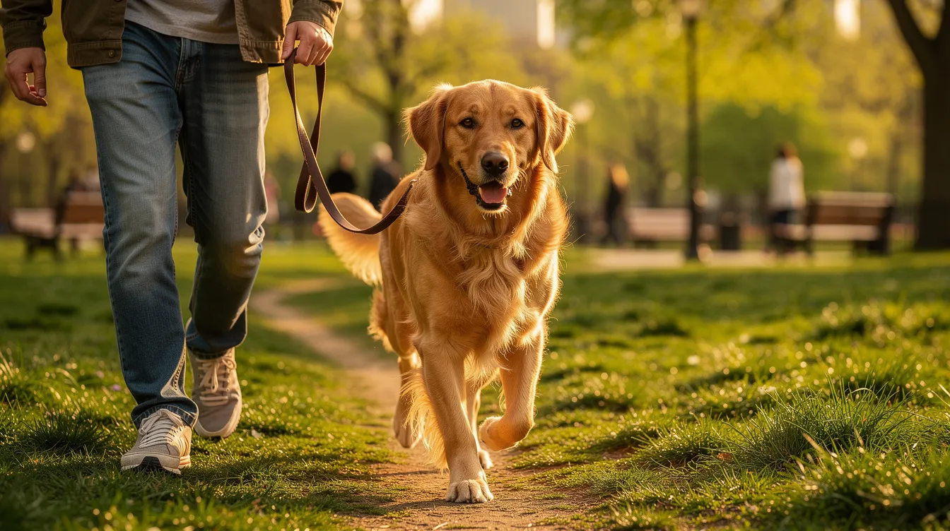 A golden retriever walks steadily alongside its owner on a grassy path in a park, showcasing the breed's playful and friendly nature. This image highlights the importance of maintaining joint health in dogs, as golden retrievers can be affected by conditions like elbow dysplasia and osteoarthritis, which may impact their mobility over time.