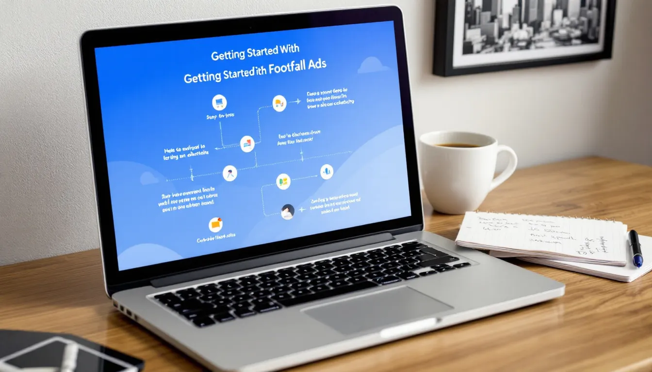 The image illustrates the concept of footfall ads, showcasing a mobile device displaying location-based marketing strategies like geofencing campaigns aimed at targeting local customers. It highlights the use of GPS coordinates and virtual boundaries to collect data and optimize campaigns for increased footfall traffic and sales in specific locations.