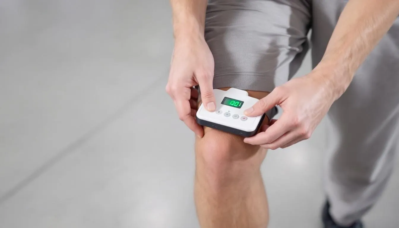 A person is adjusting an infrared panel to the appropriate distance from their knee, aiming to utilize red light therapy for effective knee pain relief. The device is designed to reduce inflammation and promote joint recovery through powerful infrared light, targeting discomfort in the affected area.