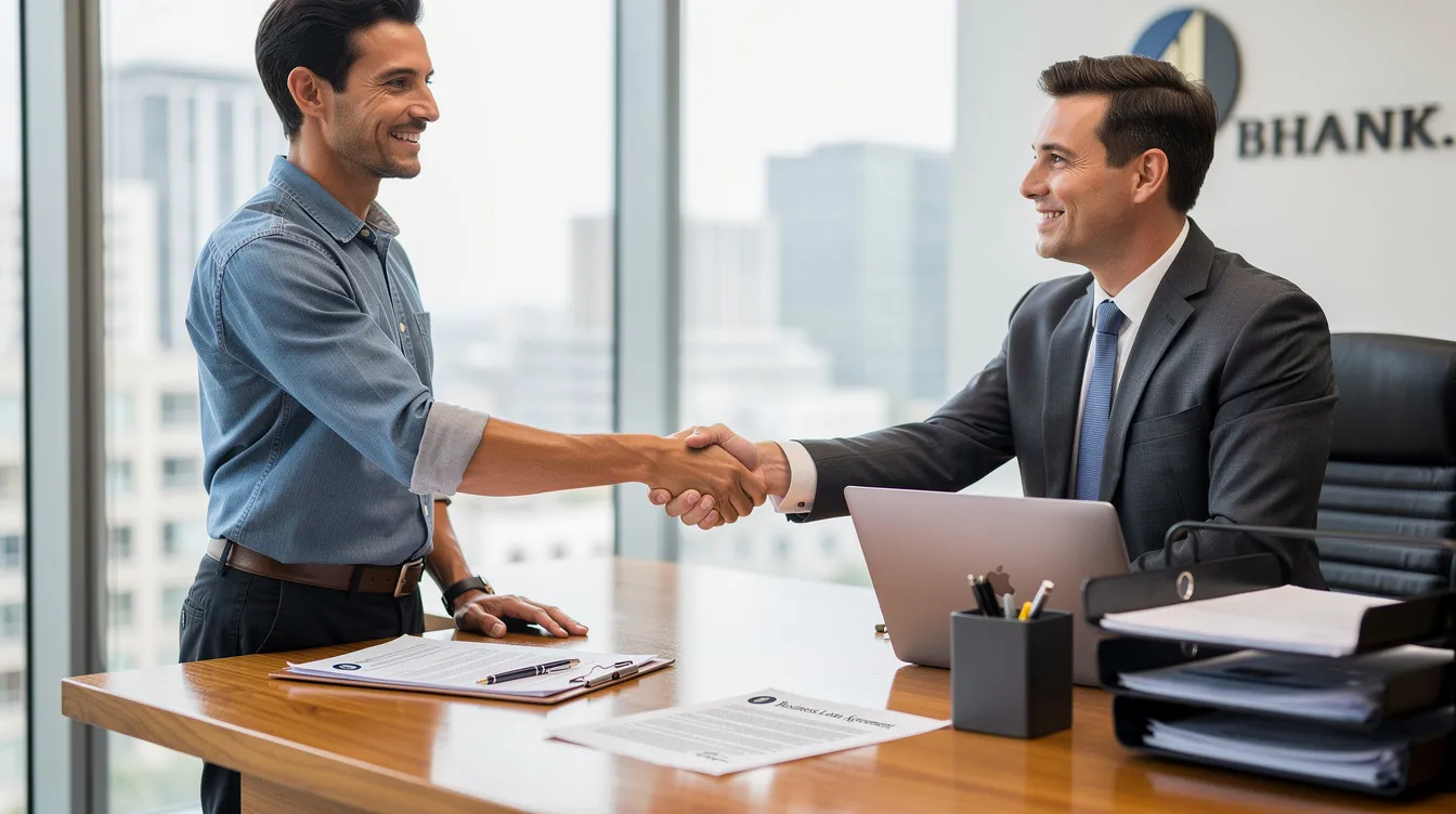 76ea454f a52a 4c7b a528 9ba4b0f7ff33 The image shows a small business owner shaking hands with a bank officer across a desk, symbolizing the approval of a bank loan or financial support for a business idea. This interaction reflects the importance of project report preparation and the necessary documentation for securing a mudra loan.