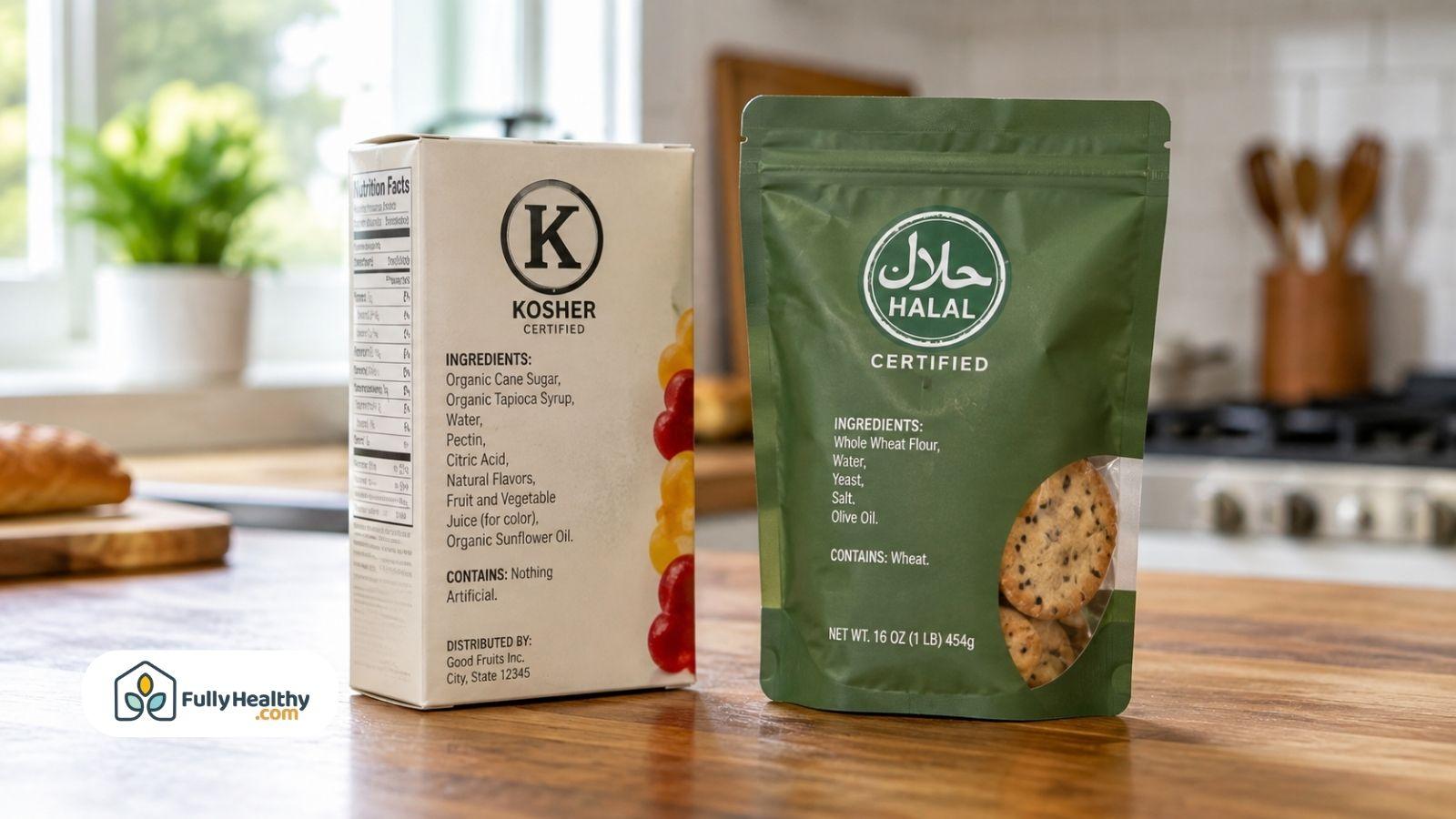 Kosher and halal certified packaged foods displayed side by side for label comparison