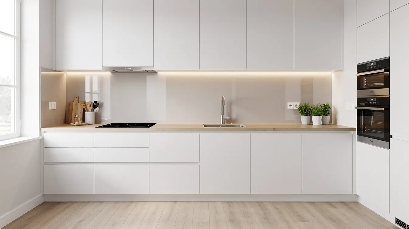 Die moderne, helle Küche zeigt eine glatte Küchenrückwand hinter dem Kochfeld und der Spüle, die aus elegantem Glas besteht und als effektiver Spritzschutz dient. Die Kombination aus Holz und modernen Materialien sorgt für einen stilvollen und funktionalen Look.