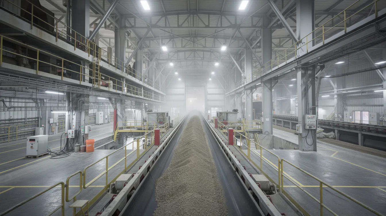 76ebeb82 f594 4eff b290 ca57f7a9432c The image depicts an industrial conveyor belt system operating within a large soybean oil processing plant, surrounded by robust steel structures. This setup is essential for the efficient movement of raw materials, contributing to the overall production capacity and efficiency of the soybean processing industry.