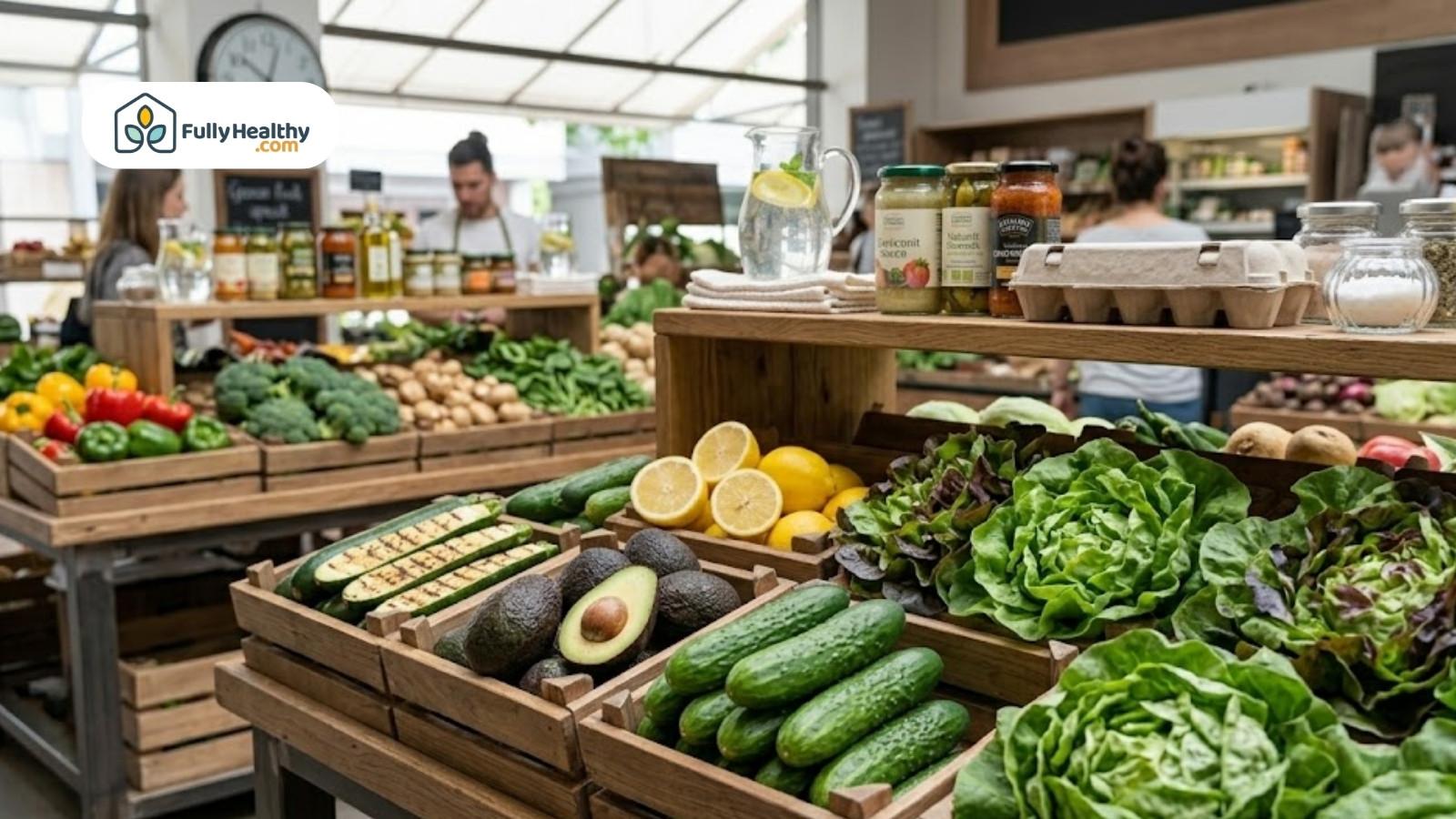 Fresh cucumbers, avocados, and greens displayed at market