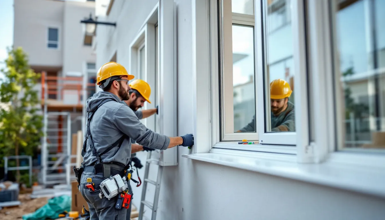 De afbeelding toont gecertificeerde monteurs die witte kunststof kozijnen installeren in een woning. Deze hoogwaardige kunststof kozijnen bieden uitstekende isolatie en dragen bij aan een frisse uitstraling van het huis.