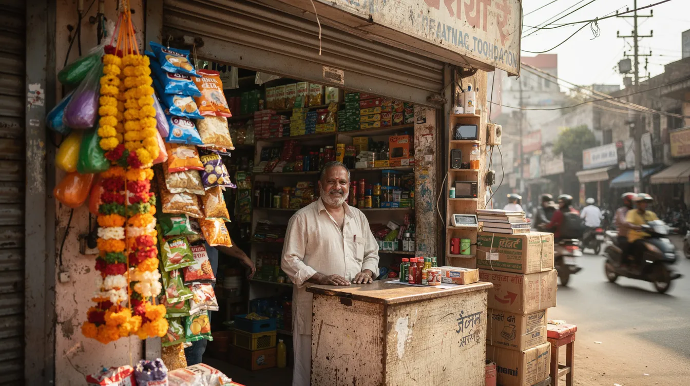 76eee862 b5dd 48f9 b87b 319d6abb26d0 The image depicts a small business storefront in a bustling Indian market, with a friendly shopkeeper standing at the counter, ready to assist customers. This vibrant scene highlights the entrepreneurial spirit, which is supported by various financial schemes like the Pradhan Mantri Mudra Yojana, offering affordable interest rates and collateral-free loans for small businesses.