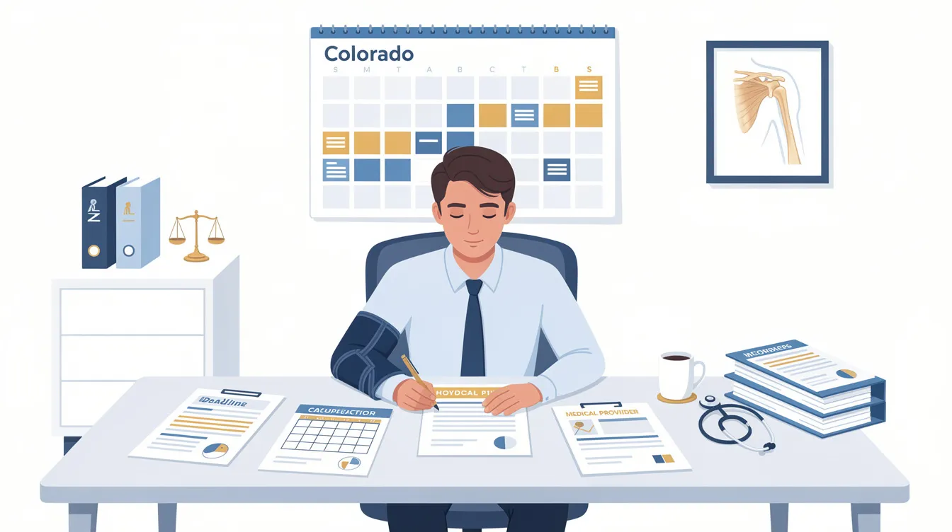 The image depicts an injured worker in a shoulder sling, seated at a modern office desk, reviewing Colorado workers&rsquo; compensation paperwork alongside a calendar and medical provider forms. The illustration features a professional blue-and-gold color palette and includes subtle elements related to legal and healthcare themes, emphasizing the process of claiming workers compensation benefits for shoulder injuries.