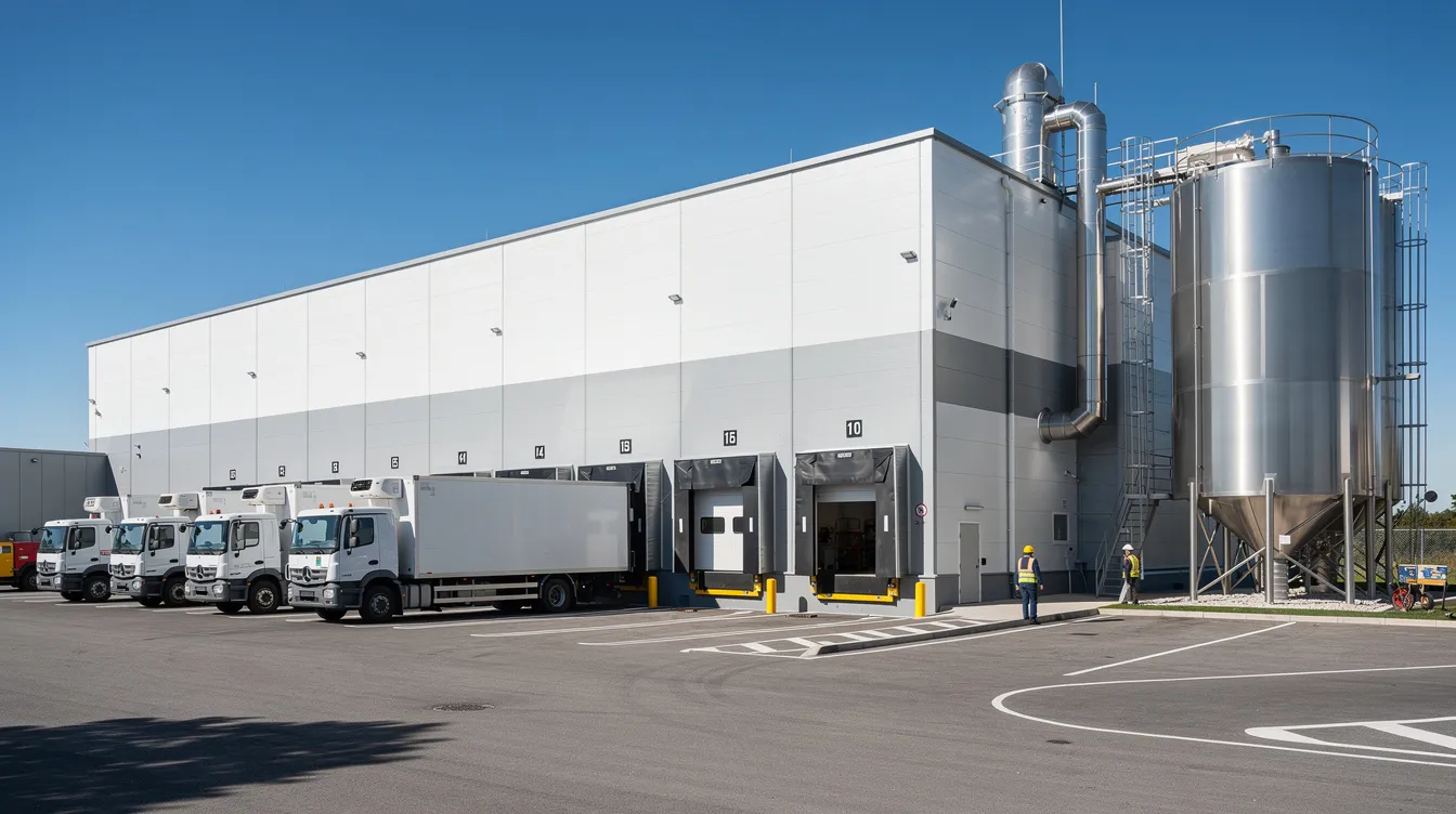 76f02bd8 7bc1 4da0 9458 6eb06dd93f22 The image shows the exterior of a medium-sized dairy processing plant, with several refrigerated trucks parked at the dispatch area under bright sunlight, highlighting the importance of effective cold chain logistics in ensuring the quality and safety of dairy products. This facility plays a crucial role in the dairy supply chain, maintaining cold storage and temperature control to protect the freshness of raw milk and other temperature-sensitive commodities.