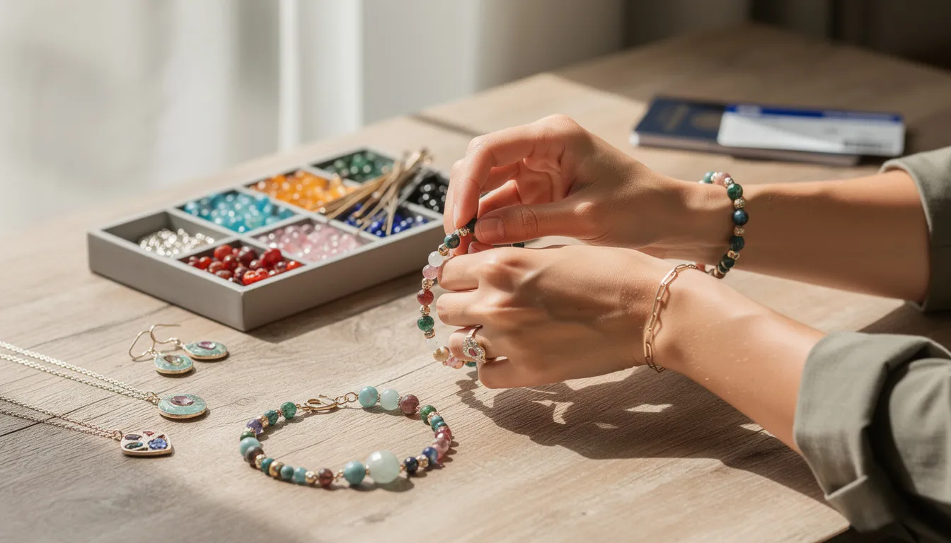The image shows a variety of travellers bracelets displayed on a bead design board, highlighting different sizes and styles that complement various jewelry pieces like necklaces and earrings. The setup includes a felt beading mat, allowing for easy organization and creativity, perfect for beginners looking to create their own unique bracelets.