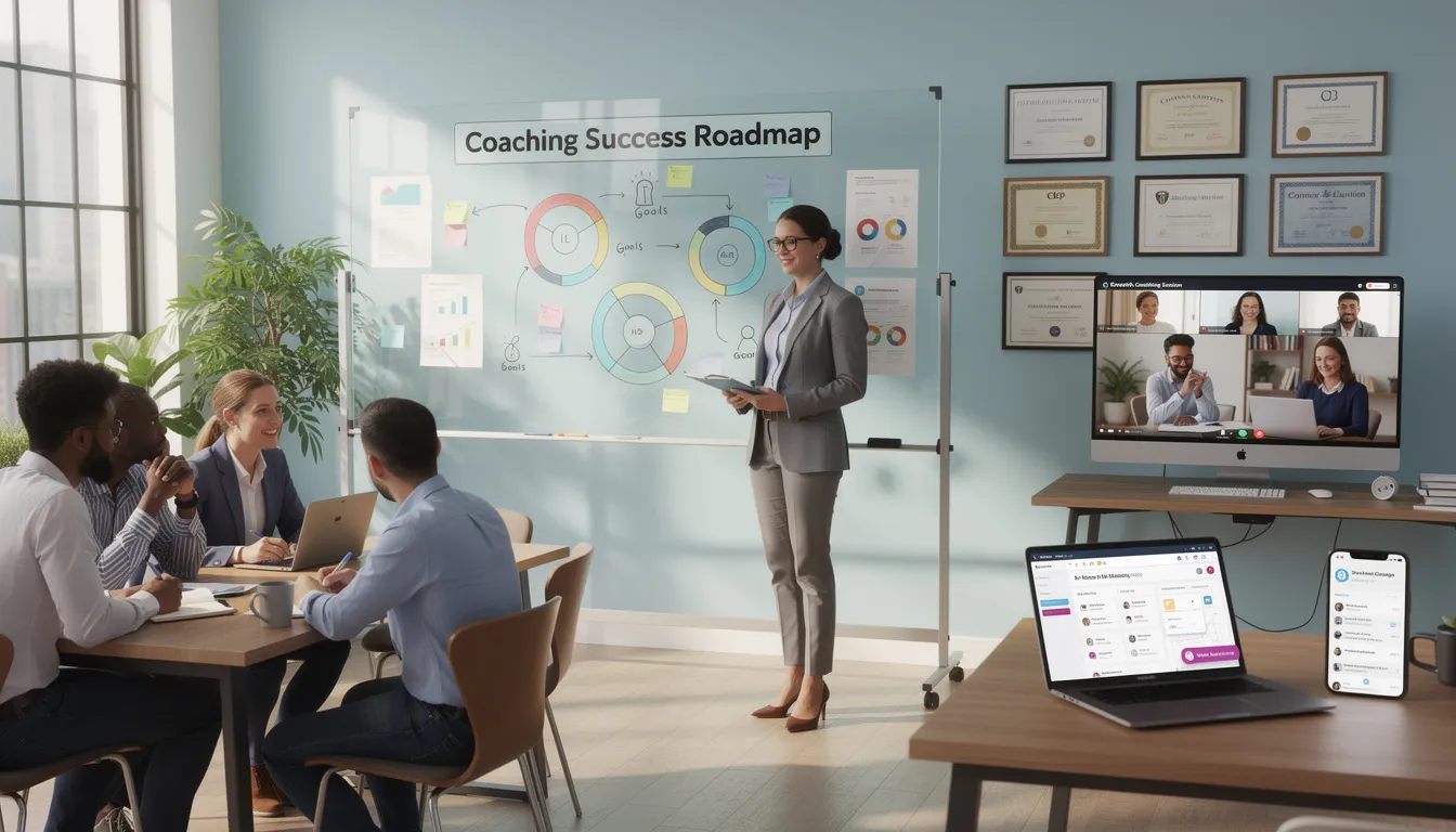 An image depicting a vibrant coaching community, where a diverse group of coaches engages in a workshop, sharing strategies and techniques to help clients achieve their goals. The scene emphasizes the importance of coaching certifications and the supportive environment essential for mindset transformation and personal growth in the coaching industry.
