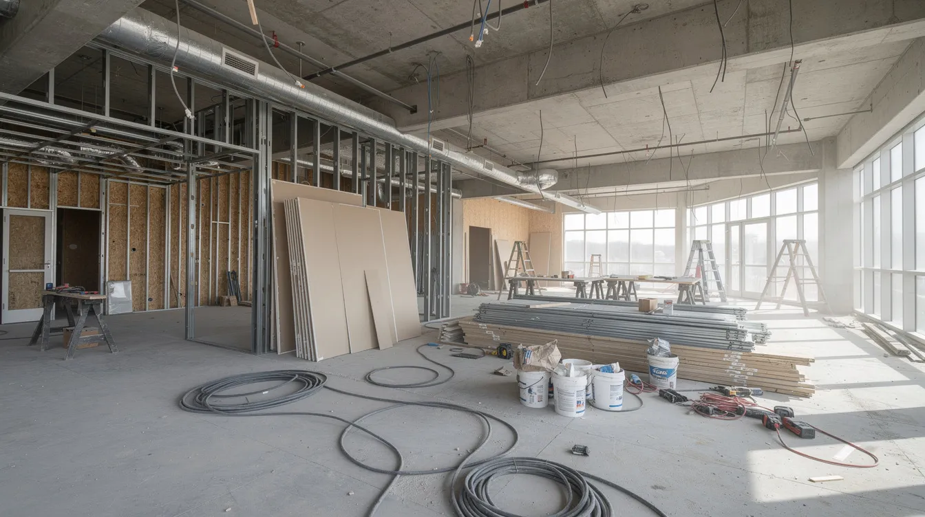 The image depicts a large commercial interior space currently under construction, showcasing exposed walls, visible wiring, and various building materials scattered throughout. This setting highlights the complexities often involved in commercial lease agreements and the importance of having clear understanding between landlords and tenants during lease negotiations.
