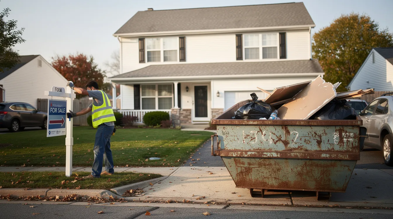 The image depicts a suburban home with a "for sale" sign being replaced by a renovation dumpster in the driveway, indicating ongoing home improvements. This scene may suggest the homeowners are preparing to enhance the property’s value, possibly to improve their debt to income ratio for a home equity loan or to attract potential buyers.