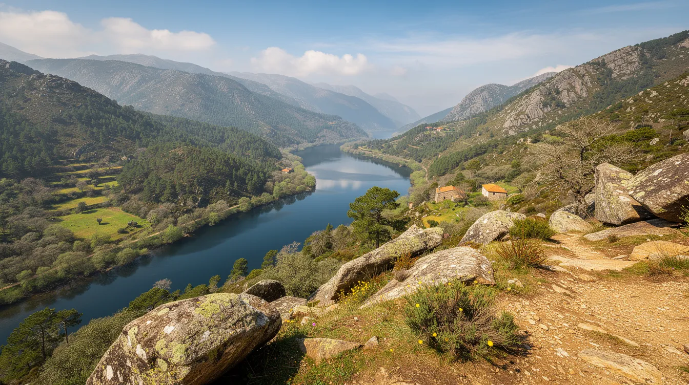 A imagem retrata uma vista deslumbrante do Parque Nacional da Peneda-Gerês, em Portugal, com suas montanhas verdejantes, águas cristalinas e um céu azul, criando um cenário perfeito para um passeio em família. Este paraíso natural é uma verdadeira maravilha da flora e fauna, ideal para quem busca uma experiência de turismo e contato com a natureza.