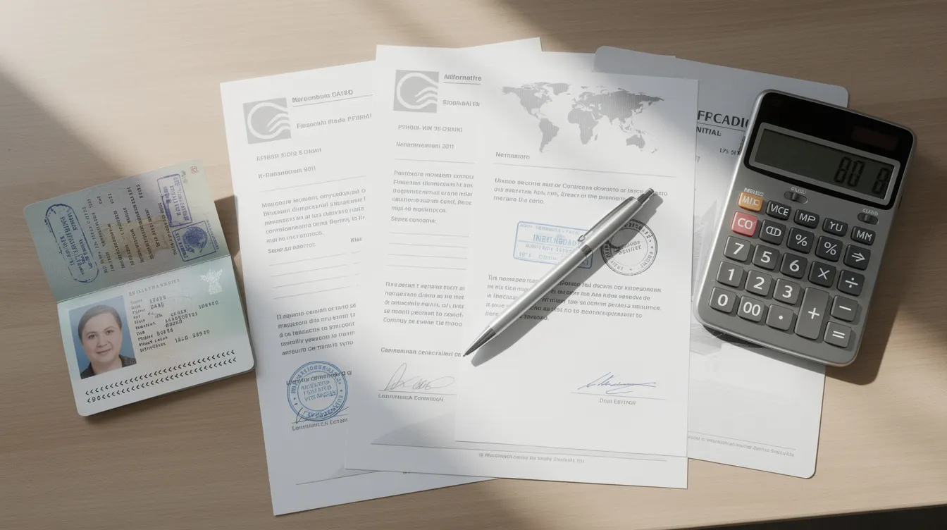 The image features a desk cluttered with legal documents, a passport, and a calculator, symbolizing the complexities of cross-border financial planning for small and medium enterprises (中小企業). This setup reflects the essential tools for navigating loan applications and financing options such as 中小企業 貸款 and 擔保 產品 的 申請.