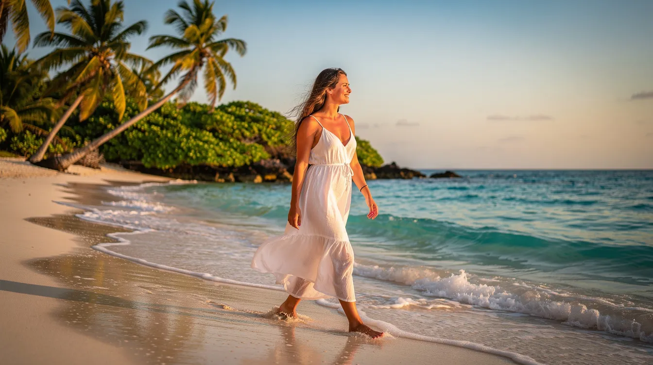 A woman is walking along a turquoise Caribbean shoreline, wearing a breezy white cotton dress that billows gently in the warm breeze, with lush palm trees providing a tropical backdrop. This lightweight dress is perfect for beach vacations, embodying the essence of resort wear and summer adventures.