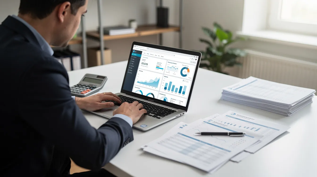 A person is seated at a desk with a laptop, surrounded by financial documents and a calculator, indicating they are likely involved in real estate investing or managing fix and flip projects. The scene suggests a focus on calculating costs related to renovation budgets and investment property financing.