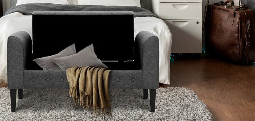 You can hide away additional pillows and blankets in a storage ottoman, like the 96cm grey fabric storage ottoman from Artiss.