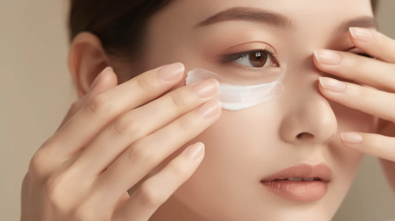 Primer plano de manos aplicando una crema ligera en la zona del contorno de ojos, enfocándose en la hidratación y tratamiento de las bolsas y ojeras. La imagen resalta la importancia de cuidar la piel del rostro para mejorar la apariencia y reducir signos de agotamiento.