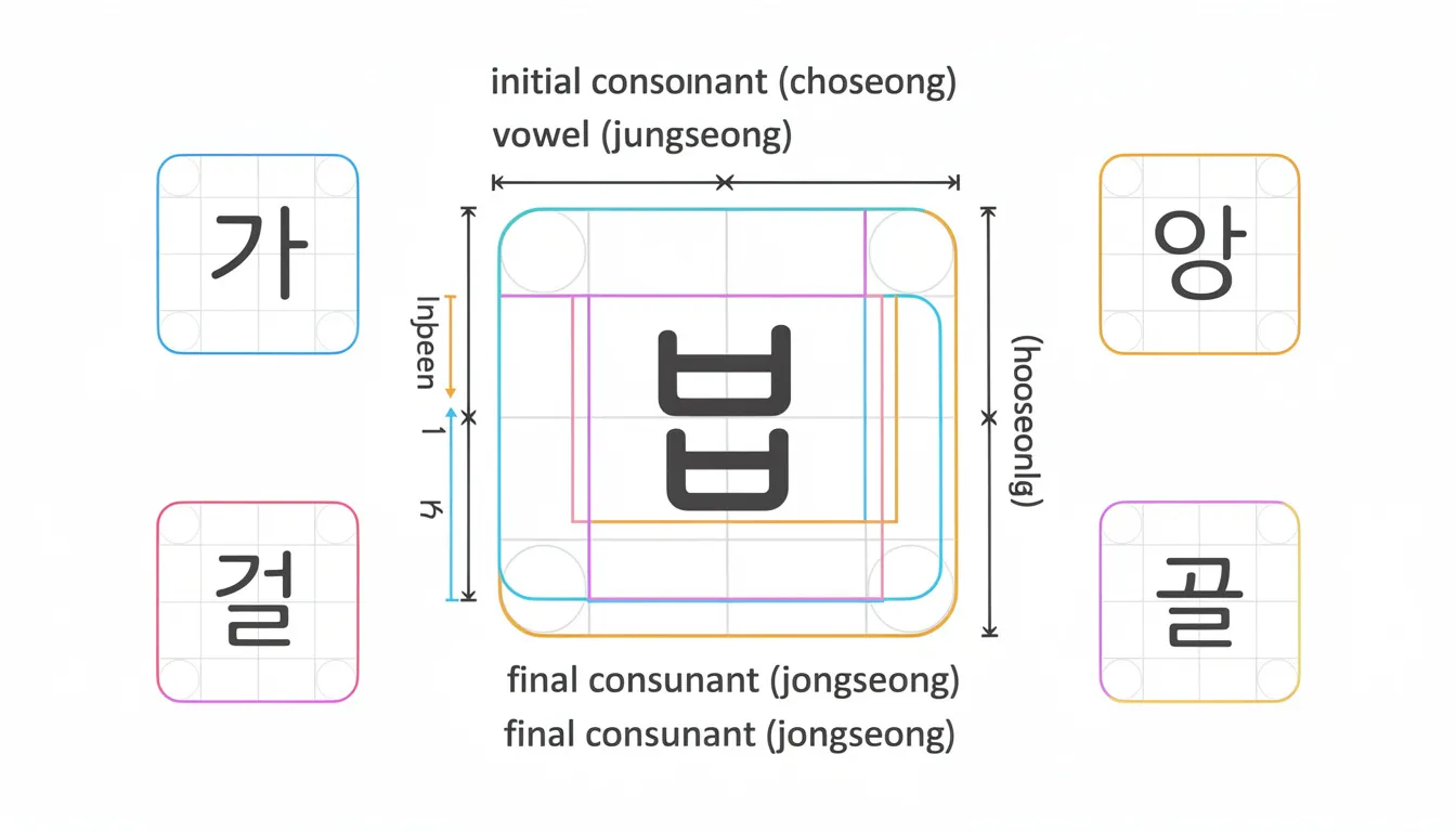 The image illustrates the construction of Korean syllable blocks, showcasing the arrangement of Korean consonants and vowels within the Hangul writing system. This visual representation is a helpful tool for Korean language learners to understand how to form syllables using Hangul characters.
