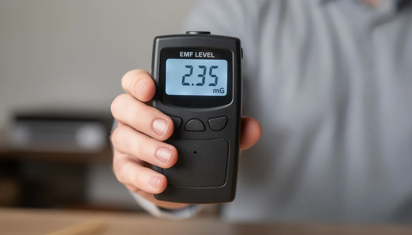 A person is holding an EMF meter device with a digital display that shows readings of electromagnetic field (EMF) levels, which helps in measuring EMF exposure from various sources, including infrared saunas and electrical devices. The meter is an essential tool for understanding EMF strength and ensuring safety in modern life.
