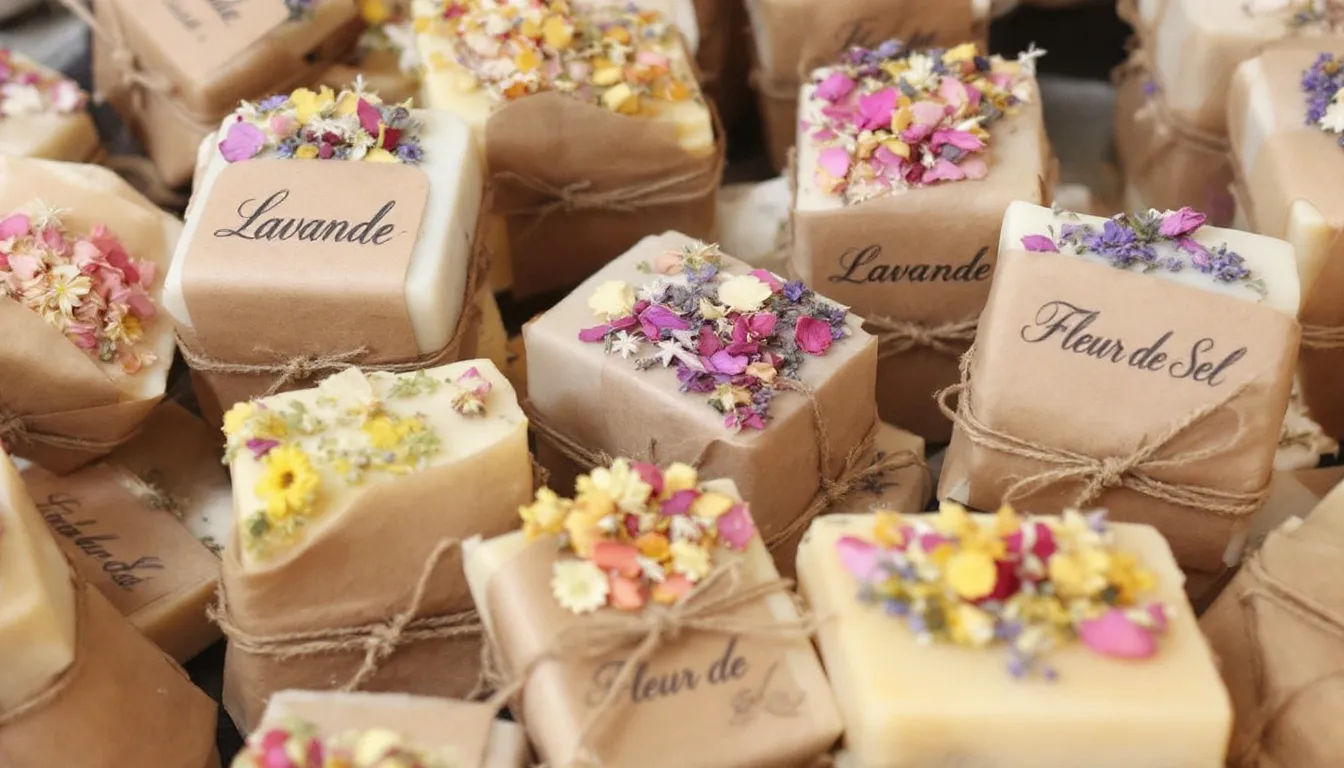 Alt text: A collection of beautifully wrapped bars of homemade soap, adorned with dried flowers on top, tied with twine and labeled, showcasing a thoughtful and unique gift idea perfect for the holiday season.