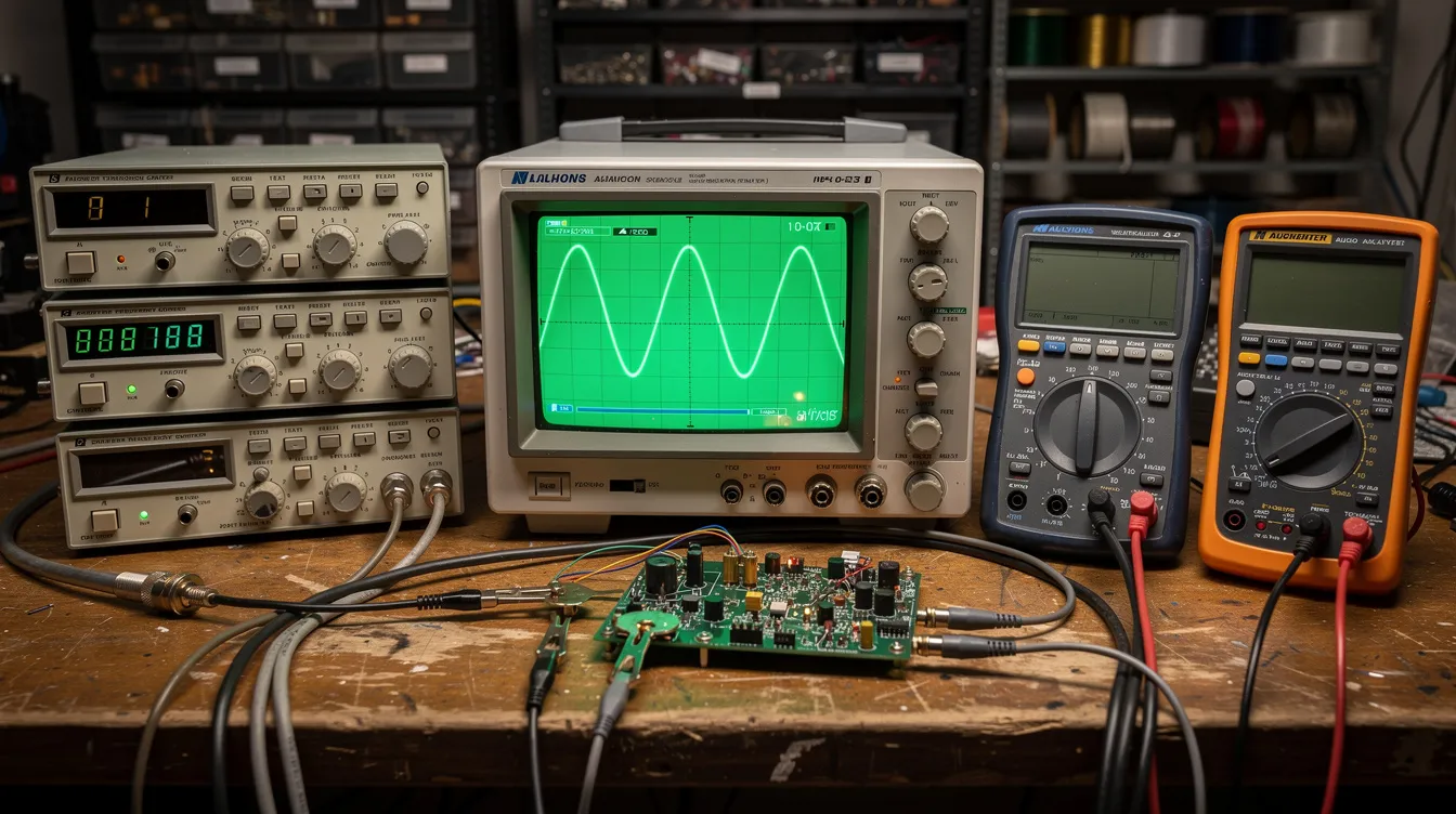 The image shows an oscilloscope and various audio test equipment arranged on a workbench, including a digital multimeter and tools for adjusting amplifier gain and output voltage. These instruments are essential for analyzing input signals, setting gain levels, and ensuring optimal performance of audio systems, such as head units and speakers.