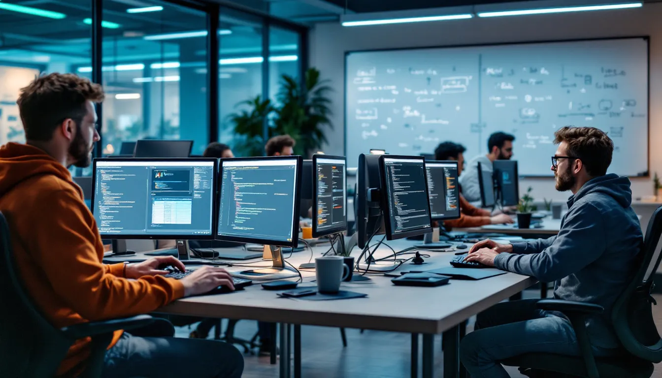 In a modern office environment, a group of data engineers collaborates on data processing tasks, utilizing a unified analytics platform to enhance their data engineering efforts. They engage in discussions about data transformations and machine learning models, fostering a collaborative atmosphere conducive to innovative solutions in data science.