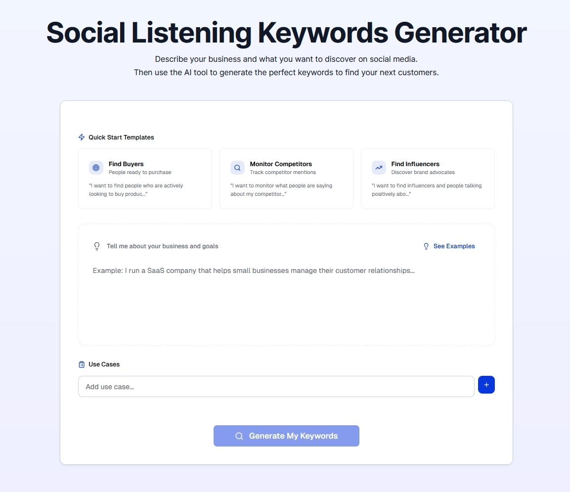 embedsocial social listening keywords generator landing page