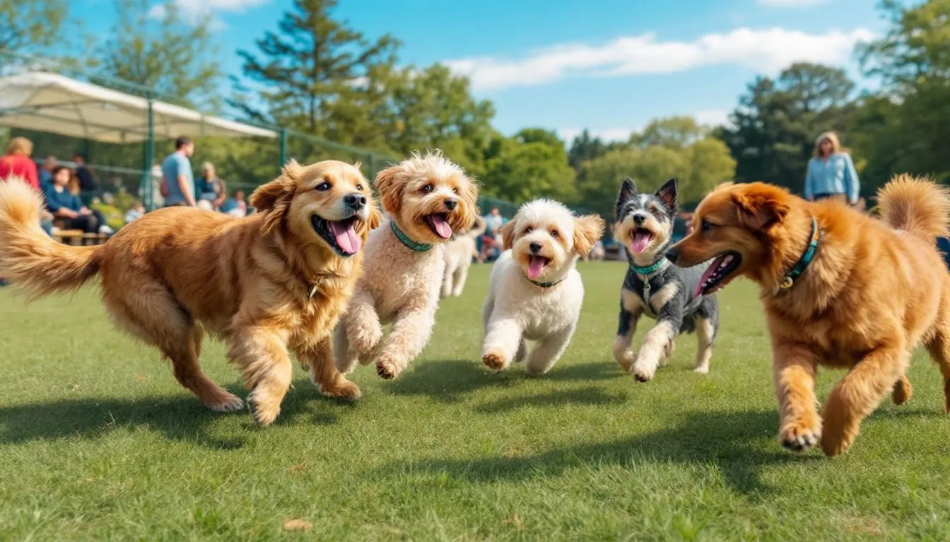 In a lively dog park, multiple dogs are joyfully playing together, interacting with each other while their owners watch. The scene captures the essence of canine socialization, with various breeds running around, showcasing their playful energy and excitement.