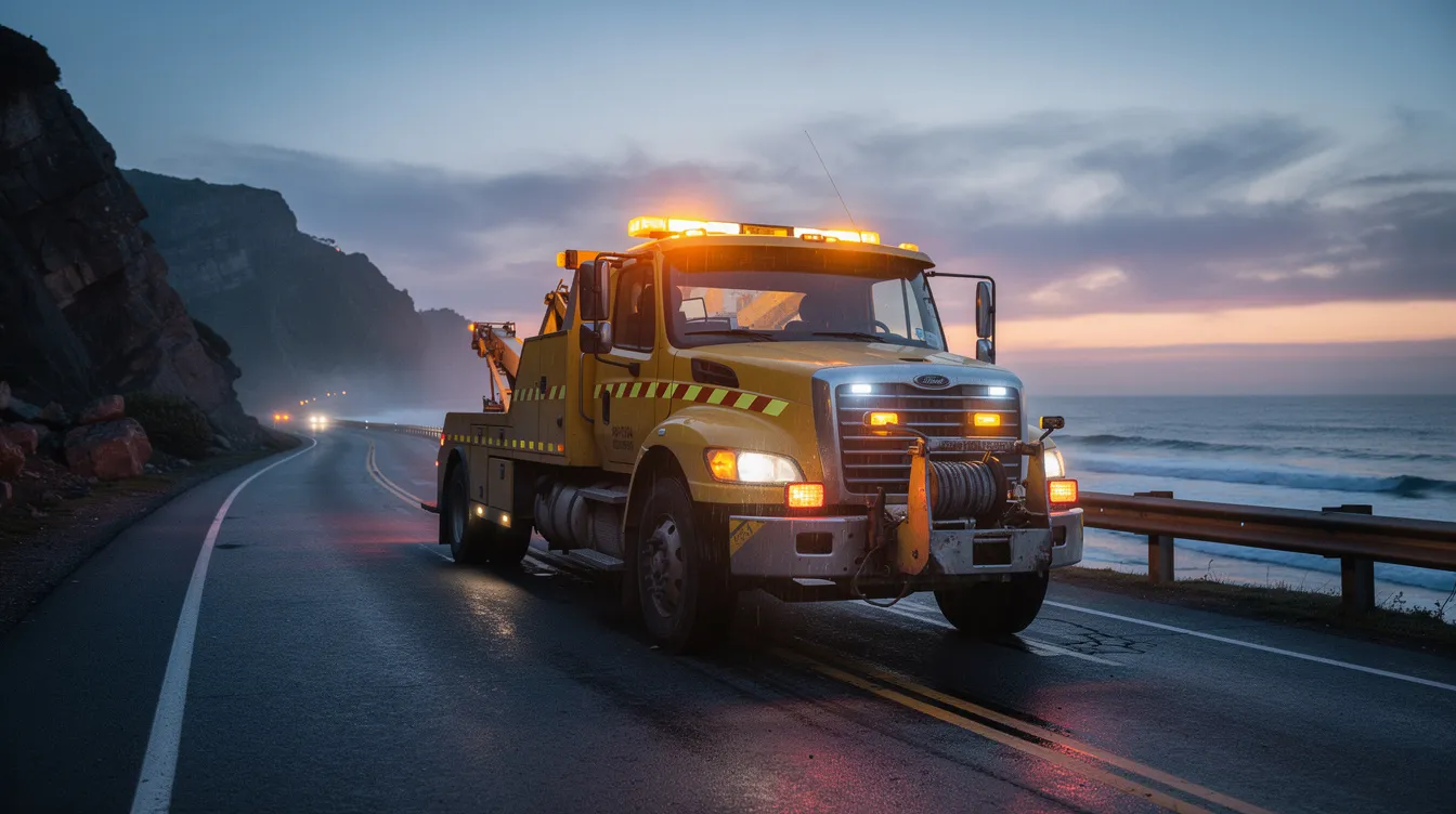 A tow truck with its emergency lights flashing is parked on the shoulder of a coastal highway at dusk, ready to assist in a truck accident scene. The tranquil setting of the Gulf Coast contrasts with the potential severity of truck accident cases that may require legal representation from experienced Galveston truck accident lawyers.