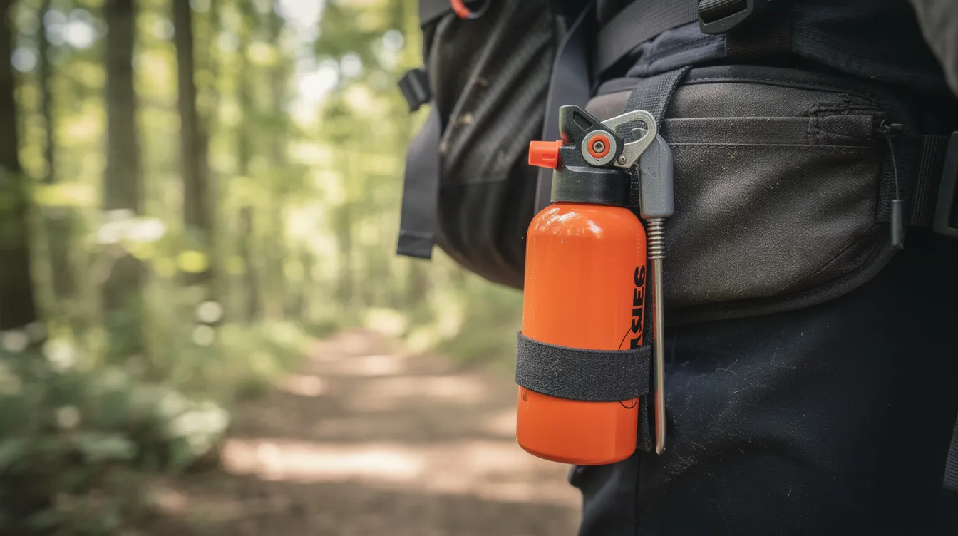 A close-up image shows a canister of counter assault bear spray securely clipped to the hip belt of a backpack on a forest trail, emphasizing the importance of carrying bear spray for safety in bear country while hiking or camping. The canister is designed for easy access, ensuring quick deployment in case of an encounter with aggressive bear species like brown or black bears.
