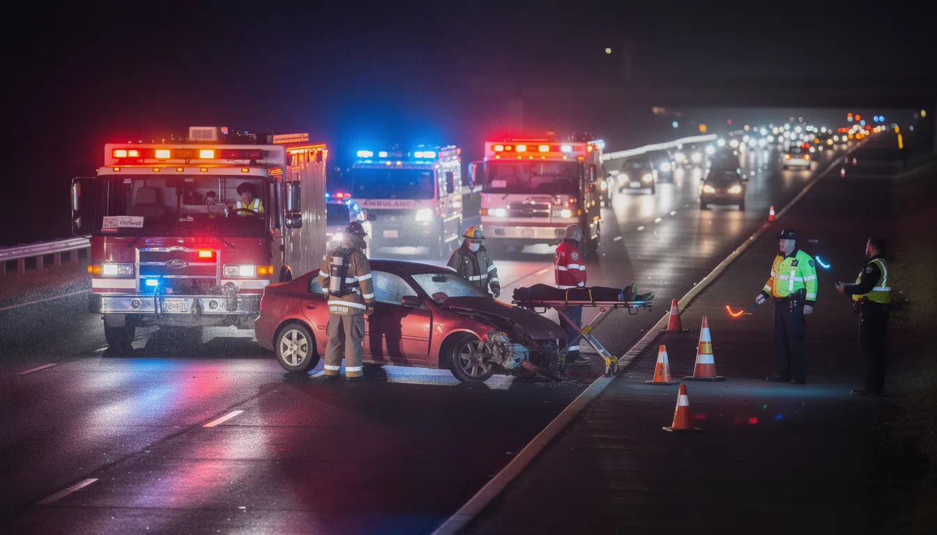 The image depicts emergency responders at a highway accident scene, with flashing lights illuminating the area, highlighting the urgency of the situation. This scene may involve truck accidents, where experienced truck accident attorneys could assist those injured in navigating the legal process and filing personal injury claims.