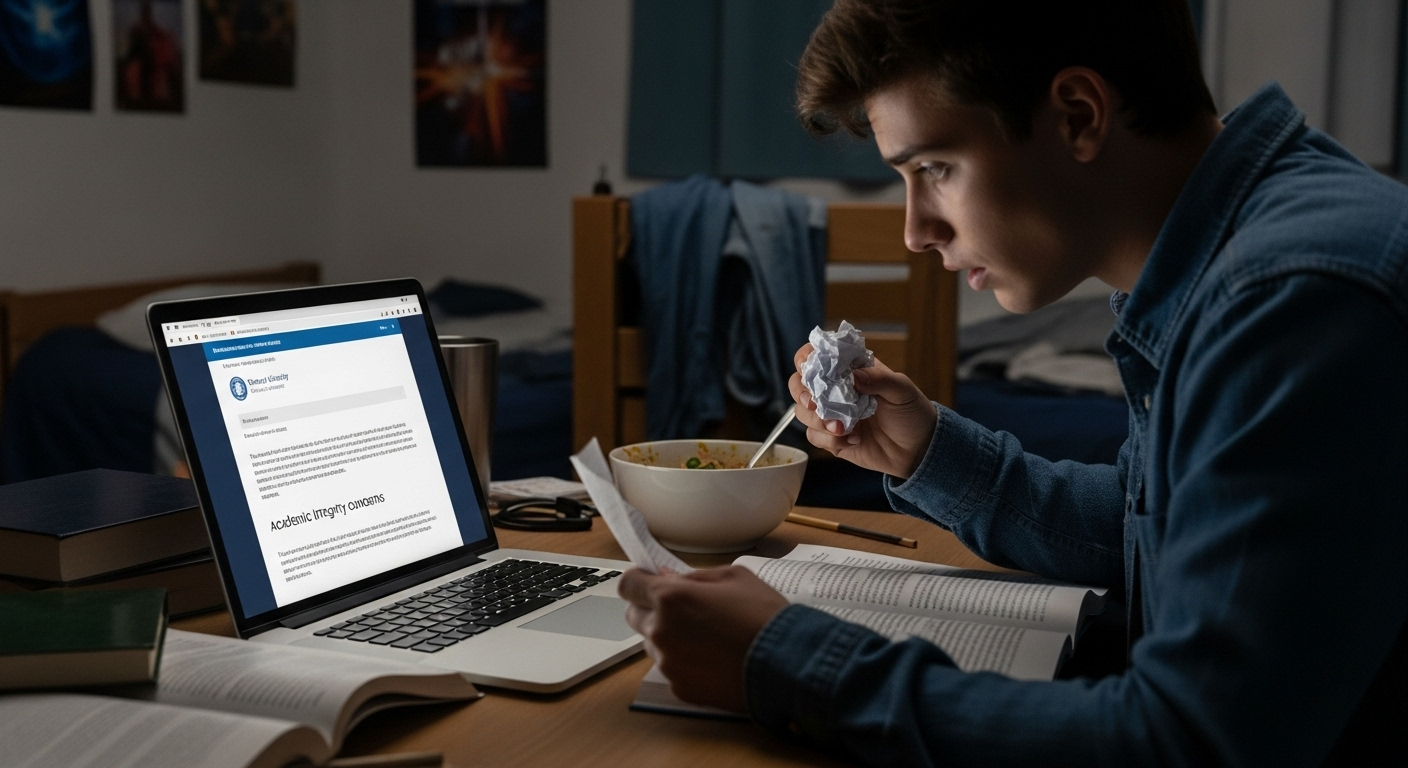 Student receiving college application rejection notification linked to academic integrity concerns.