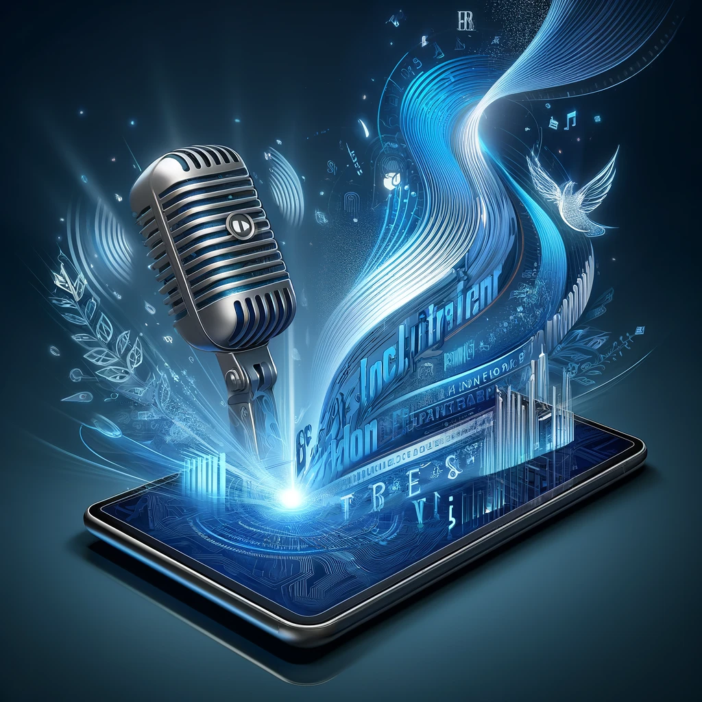 A modern digital interface where text is being converted into audible speech, visualized by flowing text transforming into sound waves emerging from a digital device. The design is sleek and high-tech, using colors like blue and silver to symbolize innovation in communication technology.