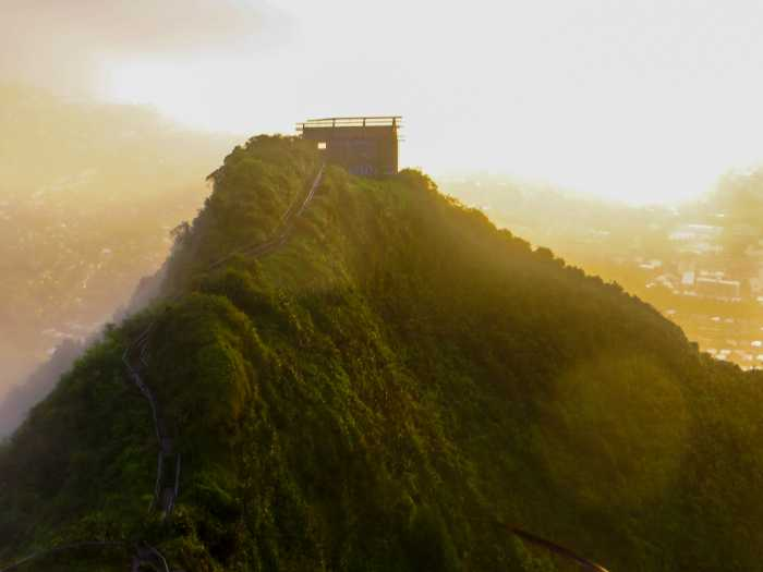 building on stairway to heaven oahu at sunrise