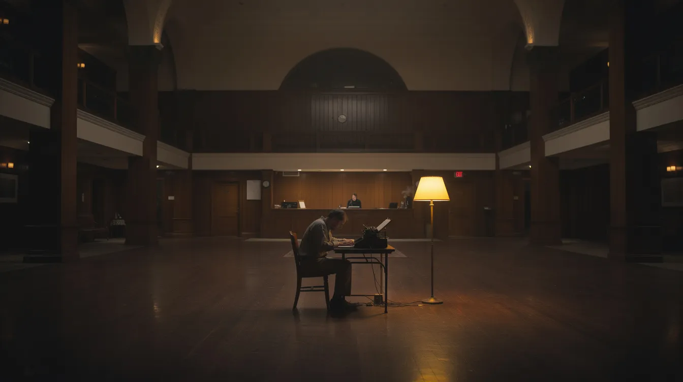 Ein einsamer Mann sitzt an einer Schreibmaschine in einer riesigen, leeren Hotellobby mit hohen Decken und warmen Holztönen. Die überwältigende Raumgröße wird von einer einzelnen Lampe beleuchtet, was an die Atmosphäre des Overlook Hotels aus "The Shining" erinnert.