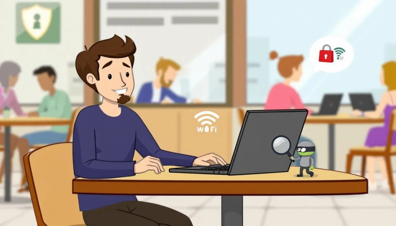 A person cautiously using a laptop in a public space, highlighting the risks of public Wi-Fi.