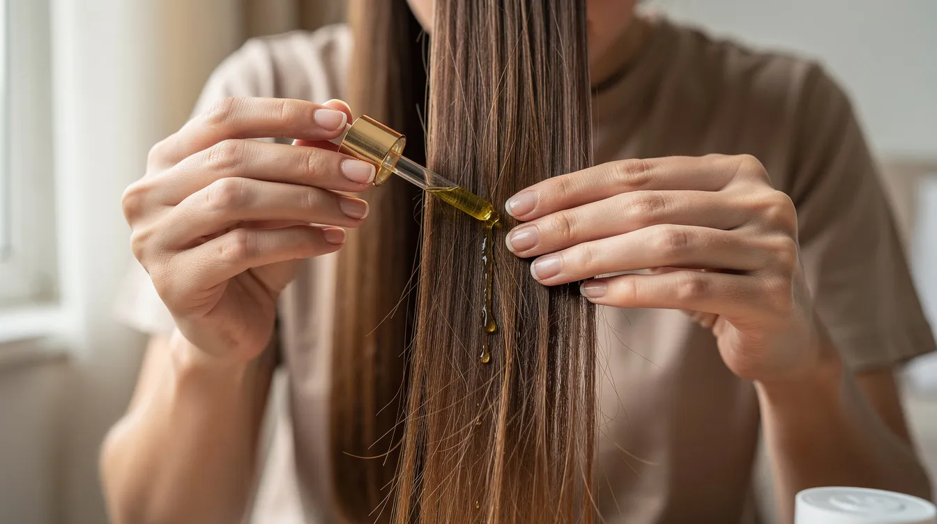 A person is applying a few drops of lightweight hair oil to the ends of their damp hair, focusing on frizzy and damaged areas to enhance shine and tame flyaways. The scene emphasizes the importance of using natural oils, like coconut or argan oil, in a hair care routine for healthy looking hair.