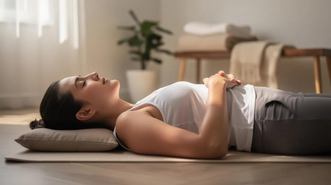 A person lies down peacefully with their eyes closed, practicing deep breathing to relax and unwind before bedtime. This calming scene reflects a wind down routine aimed at improving sleep quality and helping to fall asleep faster.