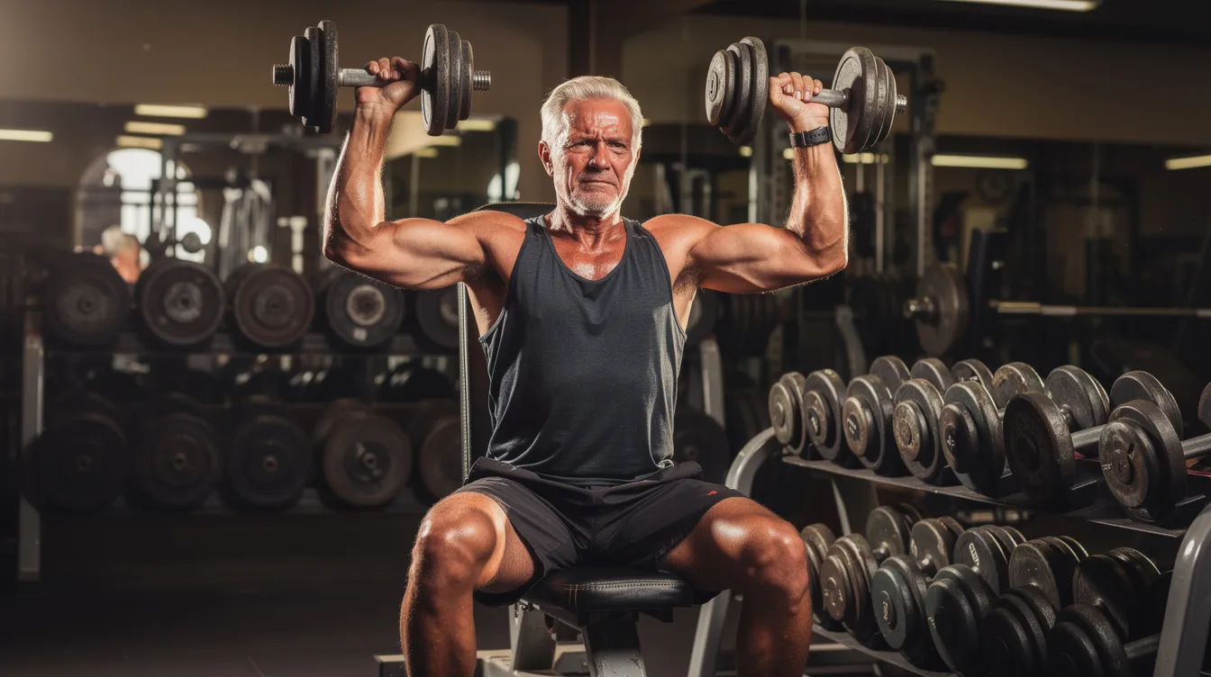 An older athletic man is performing a focused dumbbell press in a classic gym setting, surrounded by vintage workout equipment that evokes an old school bodybuilding atmosphere. His determined expression reflects the energy and stamina required for effective fitness training, embodying the spirit of traditional strength and health.
