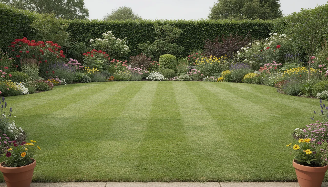 The image depicts a beautifully striped green lawn in a typical UK back garden, surrounded by neatly trimmed hedges and vibrant, colorful flower borders. This healthy lawn showcases the results of regular mowing and proper lawn care, creating a lush and inviting outdoor space.