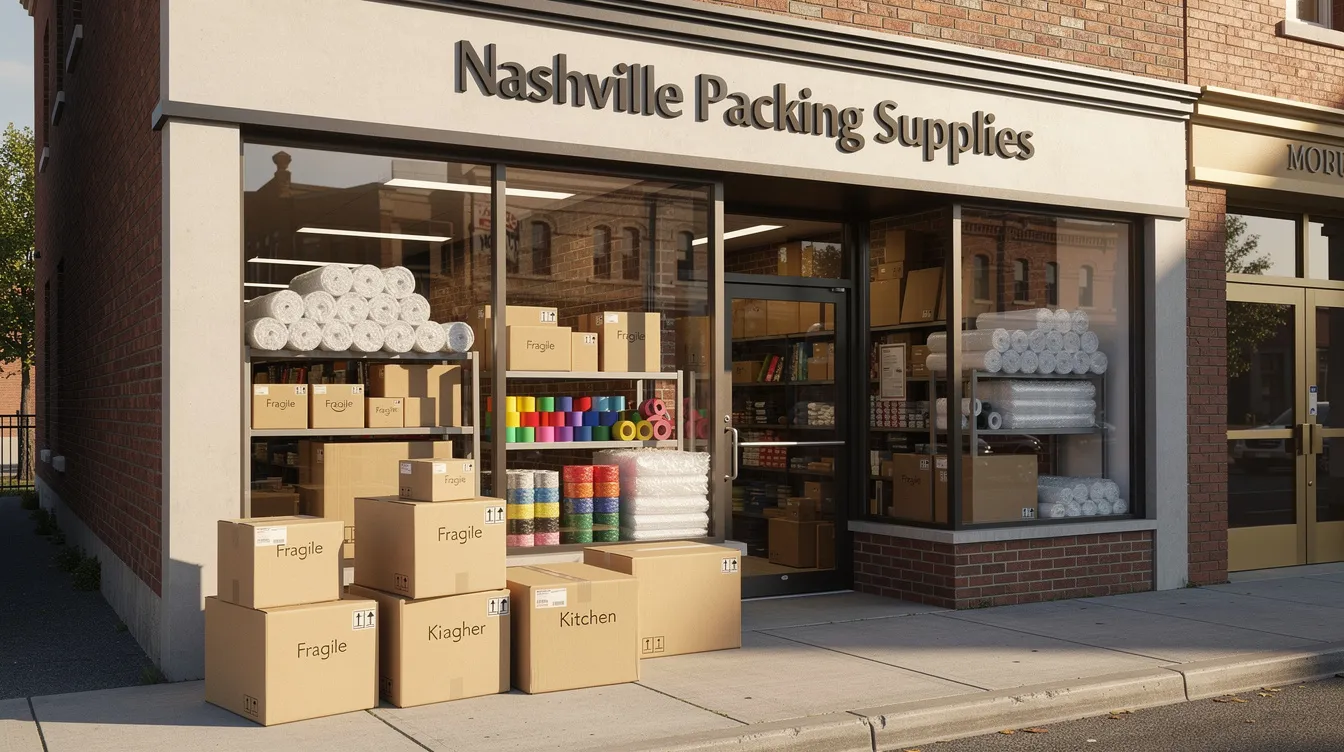 The image showcases a variety of Nashville packing supplies, including boxes, bubble wrap, and specialty boxes designed for protecting items during moving. The display highlights different sizes and types of packing materials available for purchase, emphasizing their usefulness in ensuring safe transportation of goods.